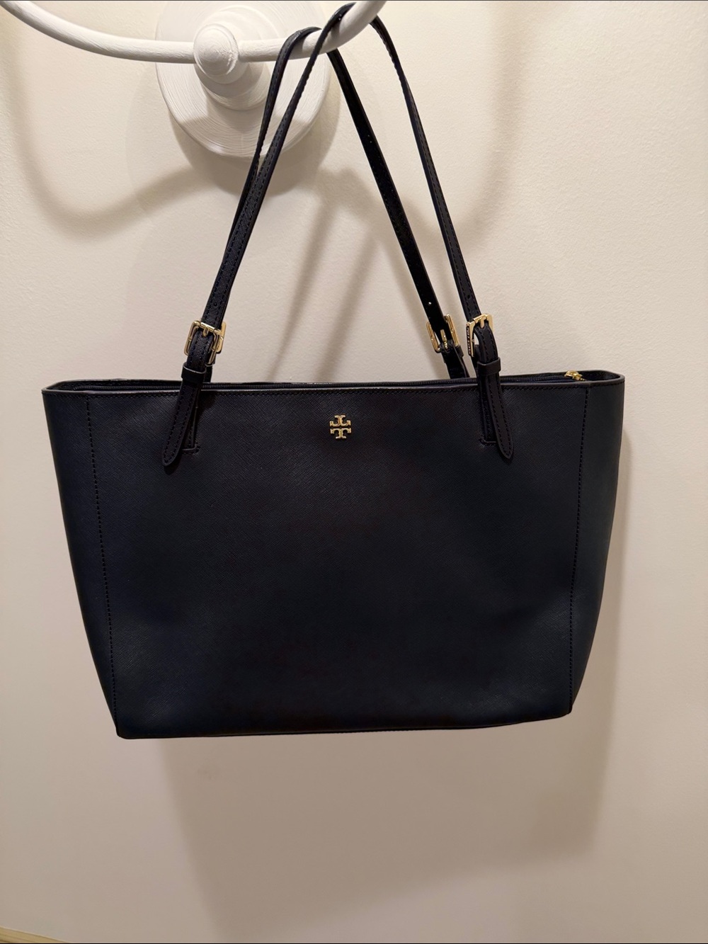 Tory Burch Navy Leather Double-Handle Tote with Gold Logo